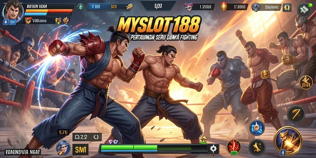 Tangkapan layar utama MYSLOT188 menampilkan pertarungan epik antara karakter dalam gameplay Fighting.