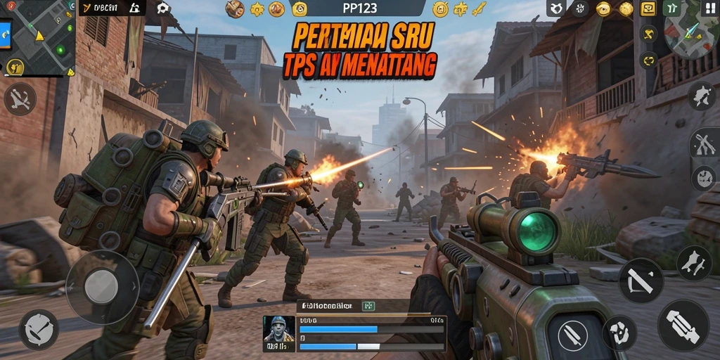 Tampilan screenshot utama PP123 menampilkan aksi gameplay TPS yang mendebarkan.