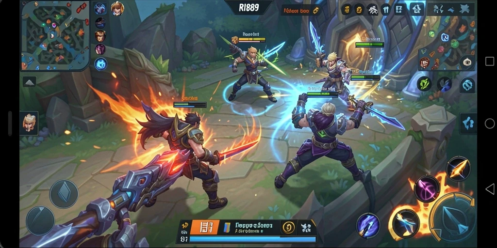 Tampilan gameplay seru dalam RI889 saat bertarung di arena MOBA.