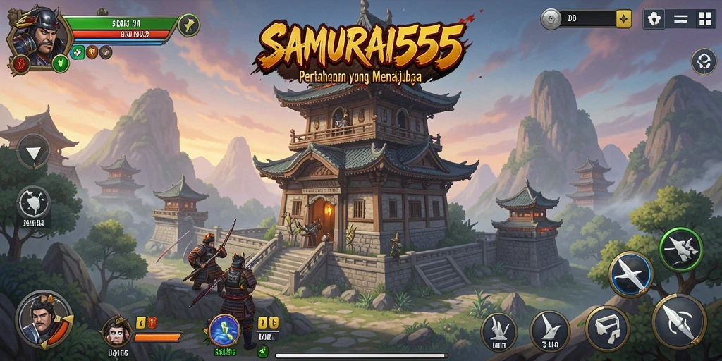 Screenshot gameplay SAMURAI555 menampilkan menara dan samurai dalam aksi.