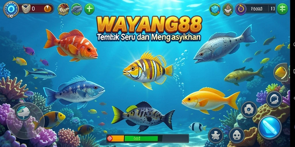 Tampilan gameplay seru dalam WAYANG88 saat menembak ikan.
