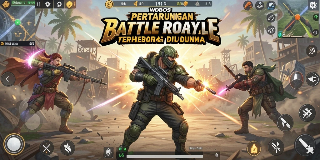 Screenshot utama WDBOS menampilkan aksi seru dalam pertempuran Battle Royale.